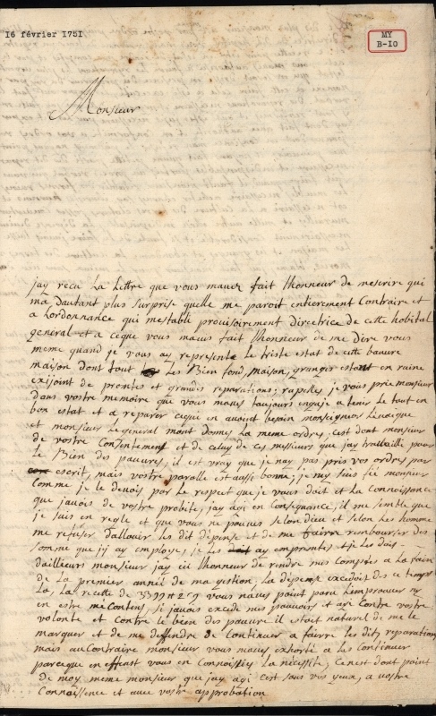 Lettre de Marguerite d'Youville à Mgr Pontbriand, 1751.