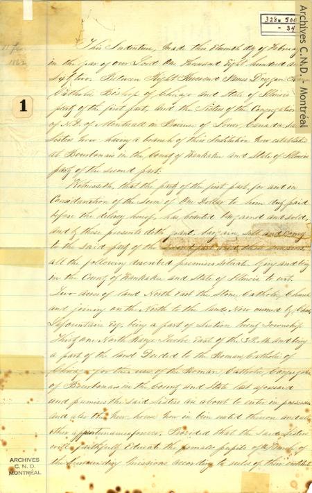 Première page du contrat entre Mgr James Duggan, évêque de Chicago, et les sœurs de la Congrégation de Notre-Dame, 1862. Archives Congrégation de Notre-Dame - Montréal.