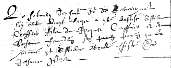 Premier acte de Champigny-sur-Marne dans lequel apparaît le nom d'Étienne Brûlé comme parrain lors du baptême d'Étienne Coiffier le 18 février 1623.